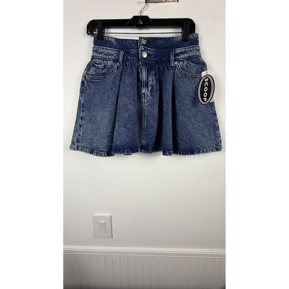 Scoop Womens Blue Denim Low-Rise Mini Skirt Pleated Flared Size 2 NWT